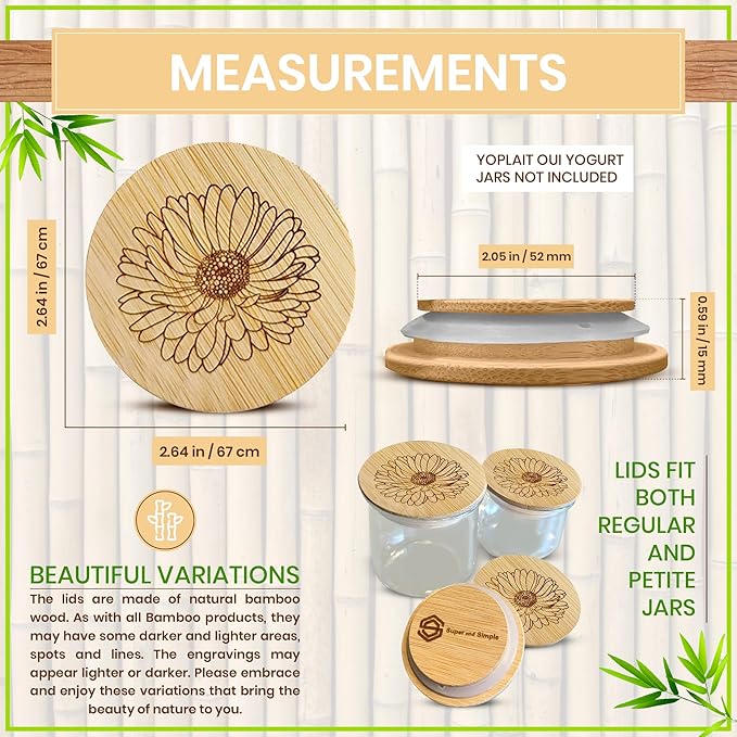 Oui Yogurt Jar Lids – Choose a Design, 4-24 pcs, Silicocne, or Stainless Steel | Airtight Lids That Fit Yoplait Oui Glass Jars | Eco Replacement Tops with Silicone Gasket | Bamboo Aster Flower 4 Pack