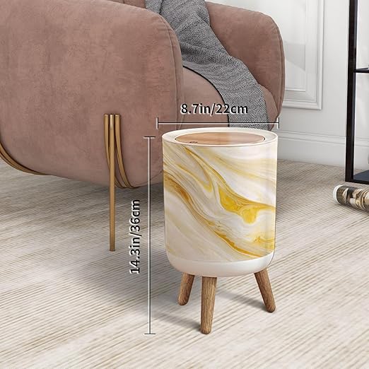 Trash Can with Lid Marble wall white brown ink swirl yellow green graphic abstract light Press Top Round Small Garbage Bin with Wooden Legs Waste Basket for Kitchen Bedroom Nursery 7L/1.8 Gallon