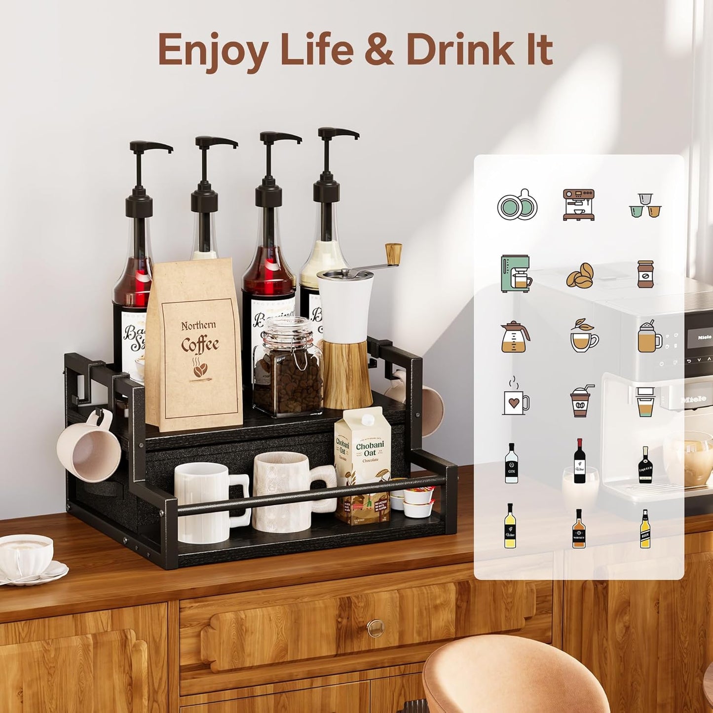Homeiju Coffee Syrup Organizer Rack, 2-Tier Bottle Coffee Bar Accessories, Holder Stand with K Cup Storage Drawer for Coffee bar, Wine Rack, Storage Shelves for Syrup. (Black)