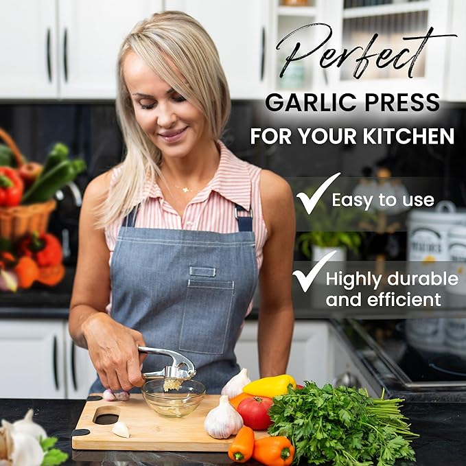 Premium Garlic Press, Garlic Mincer Set of 3 with Silicone Roller Peeler & Cleaning Brush, Extremely Durable Garlic Crusher, Ergonomic Handle, Extracts Most Garlic Paste Per Clove