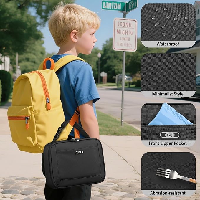 Lunch Box Kids Insulated Lunch Bag for Boys Girls Cute Reusable Lunch Tote Bag Waterproof Portable Thermal Lunch Box Kids for School Picnic Travel Black