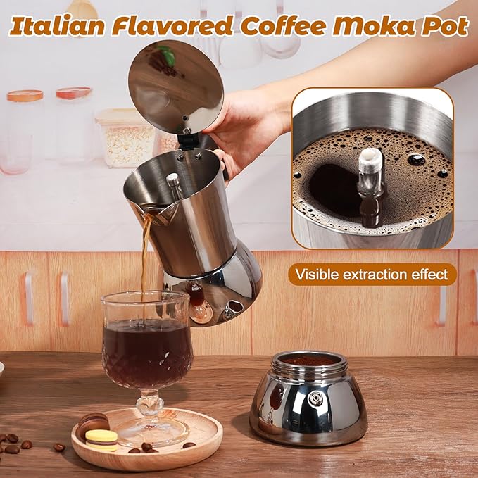 No Coating 9 Cup Thickened 304 Stainless Steel Moka Pot Stovetop Espresso Maker Italian Coffee Machine 450ml 15oz Suitable for Gas Induction Stovetop Greca Coffee Maker Percolator
