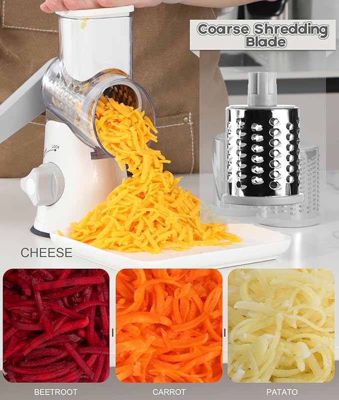 Ourokhome Rotary Cheese Grater Hand Crank, Kitchen Shredder Speed Mandolin Slicer, Zucchini Noodle Maker Spaghetti Spiralizer - 5 Blades Vegetable Slicer