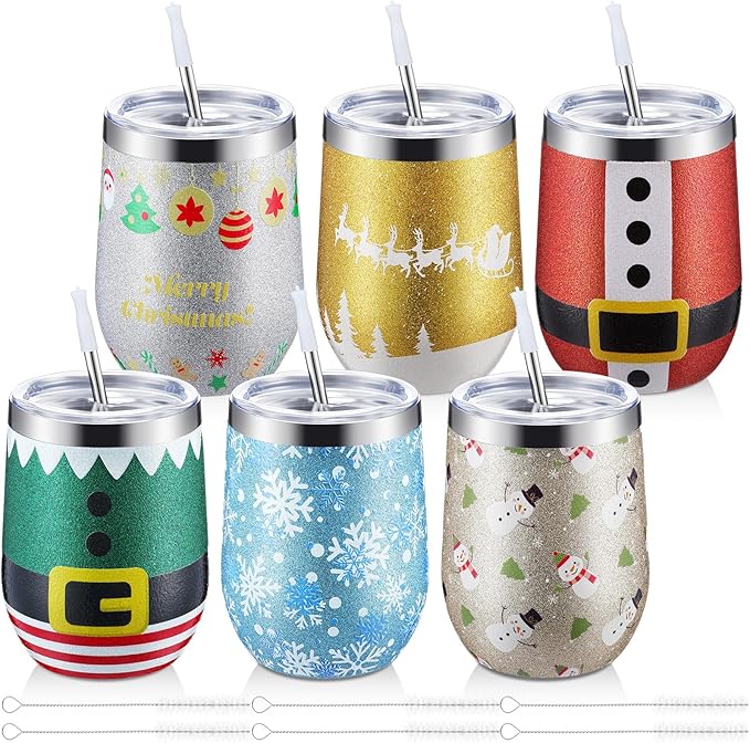 Sliner 6 Pack Pack Christmas Glitter Tumbler Bulk, 12 oz Holiday Wine Tumbler Set Stainless Steel Insulated Sparkling Glitter Cup with Lids Straws and Brushes Travel Mug Xmas Gift (Santa Belt Style)