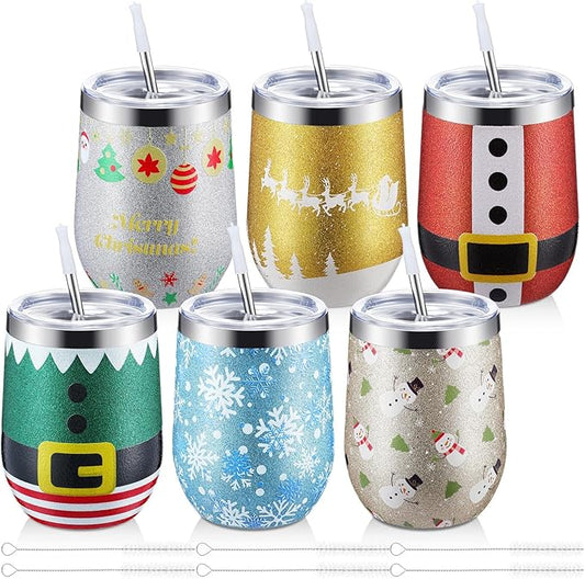 Sliner 6 Pack Pack Christmas Glitter Tumbler Bulk, 12 oz Holiday Wine Tumbler Set Stainless Steel Insulated Sparkling Glitter Cup with Lids Straws and Brushes Travel Mug Xmas Gift (Santa Belt Style)