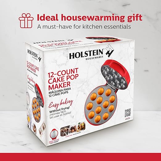 Holstein Housewares 12-Count Cake Pop Maker with Non-Stick Plates & Indicator Lights – Bakes 12 Sweet or Savory Pops Fast, Perfect for Birthday Treats & Holiday Party Snacks, Red