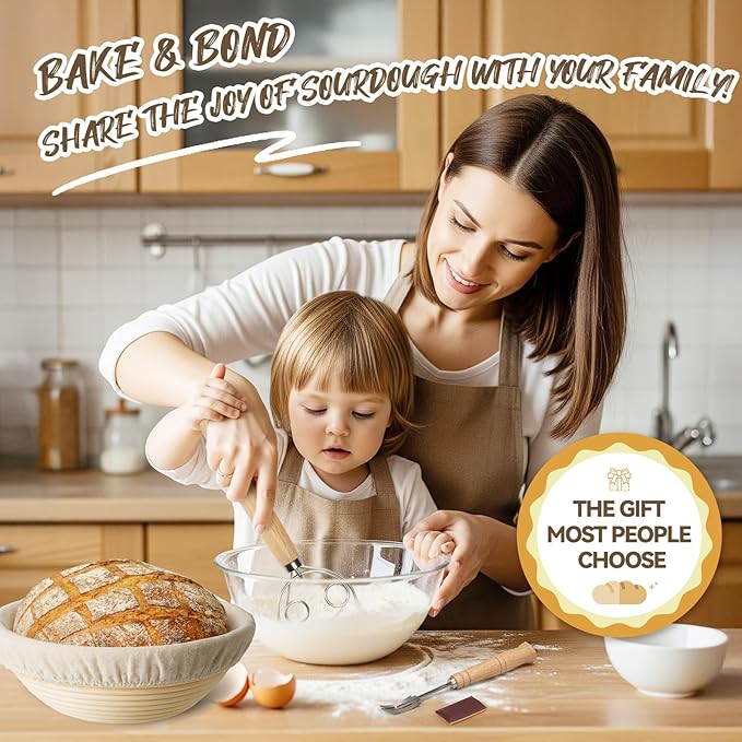 Banneton Bread Proofing Basket Set of 3, Kikcoin 8" & 9" & 10" Round Sourdough Bread Baking Supplies, Banneton Basket with Parchment Paper Sheets, Dough Whisk, Stainless Steel Scraper, Bread Lame