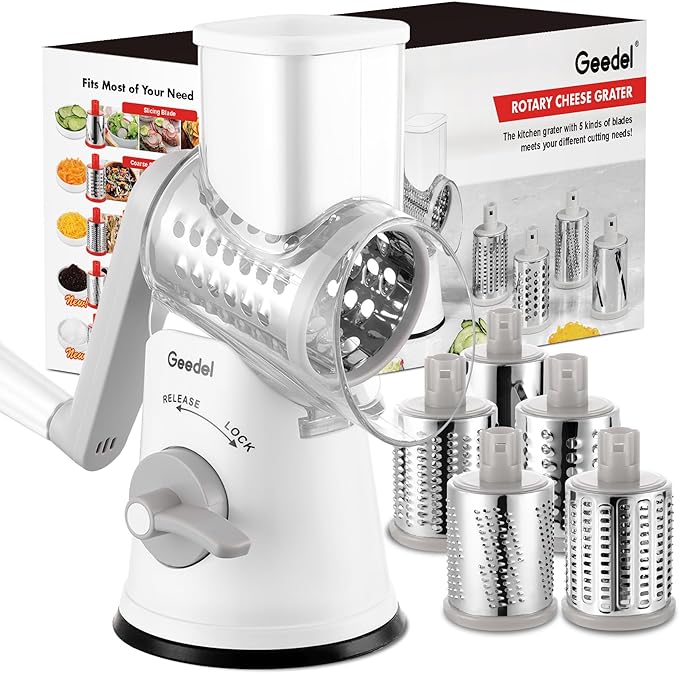 Geedel Rotary Cheese Grater Cheese Shredder - Upgraded 5-in-1 Cheese Grater with Handle and Strong Suction Base, Multi-purpose Vegetable Slicer Ice Shaver Nuts Grinder for Ice, Vegetables, Fruit, Nuts