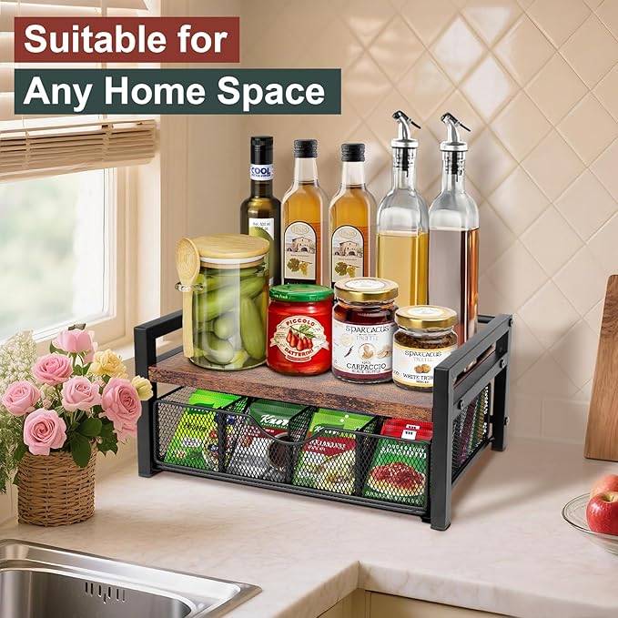 Tea Bag Organizer, Tea Bag Holder Organizer with 8-Compartment Adjustable Drawer, Wood & Metal Tea Box Organizer Chest for Countertop Kitchen, Office