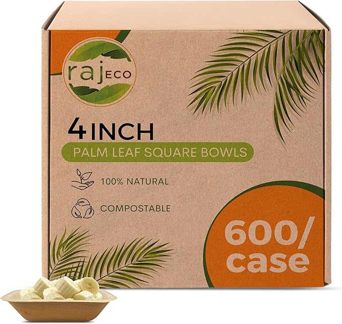Raj Disposable Palm Leaf Bulk Bowls 4" Square Bowls(6 CASES - 600 PACK) Strong Bowl Like Bamboo Party Bowl - Decorative Compostable Tableware for Lunch, Dinner, Birthday, Outdoor, BBQ, Picnic.