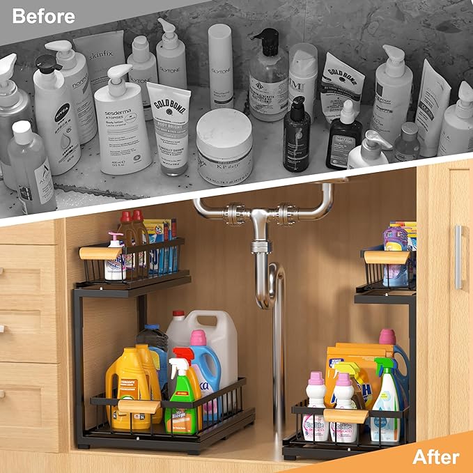 Under Sink Organizer, 2-Tier Metal Pull Out Cabinet Organizer Shelf Kitchen Bathroom Organizers and Storage with Sliding Drawer Undersink Pantry Cabinet Closet