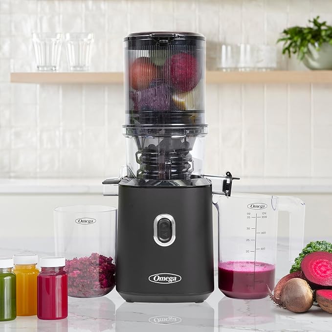 Omega Cold Press Juicer – Slow Masticating Hands Free Juicer Machine for Vegetables and Fruits with Wide Mouth Hopper for Whole Recipe Batch Juicing, Time Saving Series, Easy to Clean, 150-Watt Motor