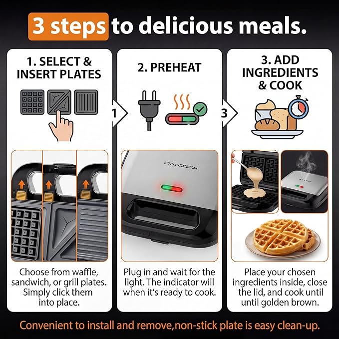KEINVE 3 in 1 Sandwich Maker & Waffle Maker, Removable Non-Stick Plates, Panini Press, Grilled Cheese Maker, Cool-Touch Handle, LED Light, Easy Clean, 750W, for Home Kitchen Breakfast