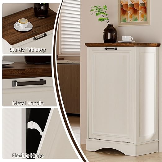 AHB 13 Gallons Tilt Out Trash Cabinet Hidden Kitchen Trash Can Cabinet Freestanding Recycling Cabinet with Deodorizing Function Pet Proof Trash Can Holder for Kitchen Living Room, Antique White