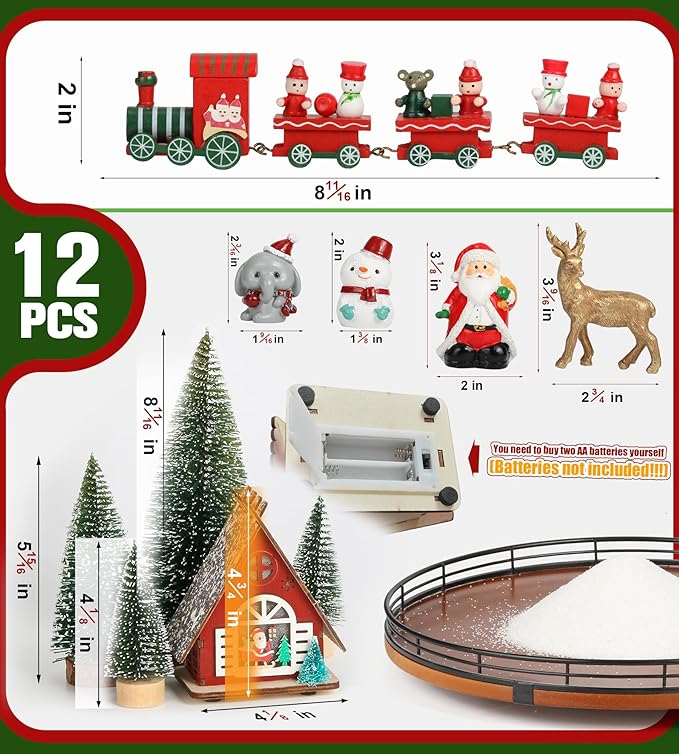 AMH 12 PCS Christmas Table Decorations Set with Oak Rotating Base – Xmas Town Village Centerpiece with Santa, Train, House, Trees & Figurines, Tabletop Decorations for Holiday Dining & Coffee Tables