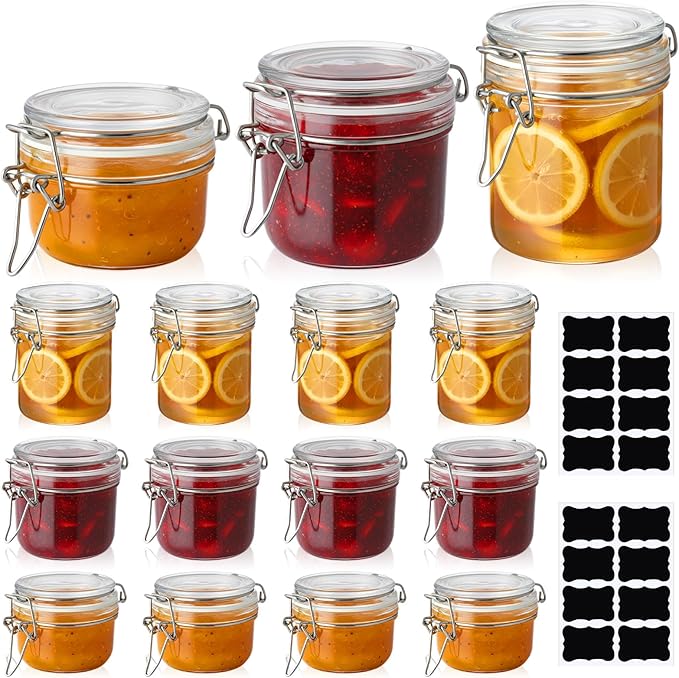 LemonRoad Airtight Glass Jars with Hinged Lids Set of 12, Paired with 2 Chalkboard Labels, Small Mason Jars in 3 Sizes (4/7/9.5oz), Clamp Lock Canisters for Jam, Spice, Honey, Kitchen Organization