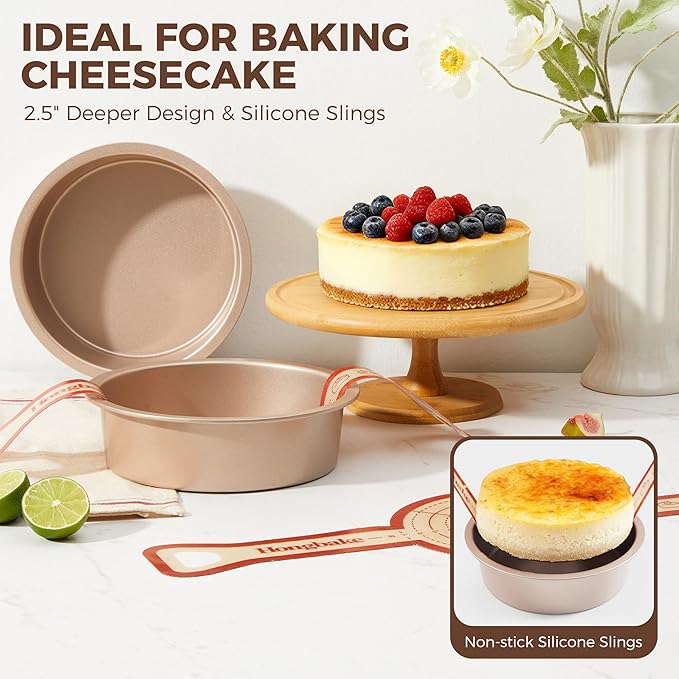 HONGBAKE 8 Inch Round Cake Pan Set for Baking with 2 Pcs Silicone Baking Sling Mats, Nonstick Circle Cake Pans Set of 2, 2.5" Deeper Layer Cake Tin for Oven, Cheesecake Mold, Huty Duty, Golden