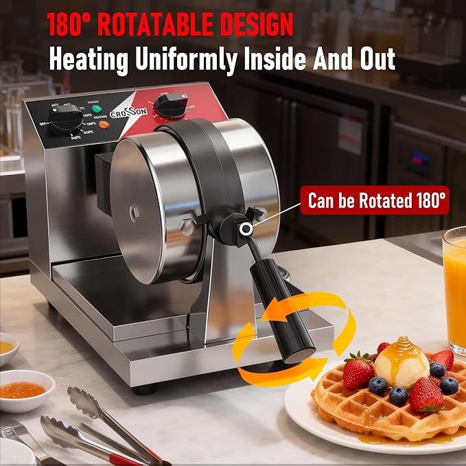 CROSSON Commercial Waffle Maker,Professional Round Belgian Waffle Maker Rotating 180° Non-Stick Plate Machine with Temp and Time Control for Restaurant Bakeries Kitchen 120V/1300W