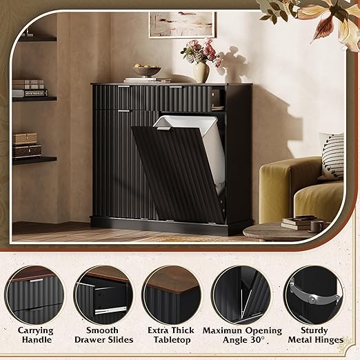 WLIVE 2 * 10 Gallon Double Tilt Out Trash Can Cabinet, Hidden Trash Can with Storage Drawers, Food/Clothes Storage Pet Proof Wooden Garbage Bin Cabinet for Kitchen, Home, Laundry (Black)