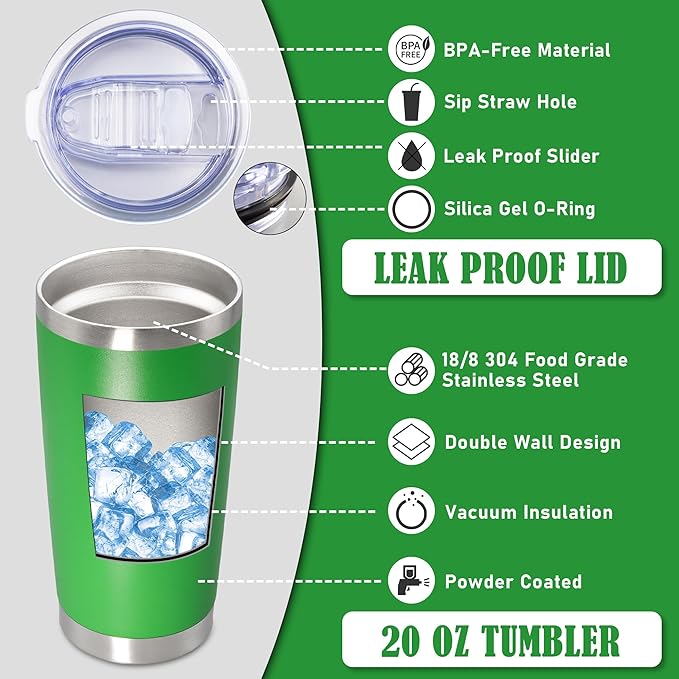 20 oz Tumbler Coffee Travel Tumblers Bulk with Lid Stainless Steel Double Wall Vacuum Insulated Mug Powder Coated Cups fit Car Cupholder for Hot and Cold - Green, 1Pack