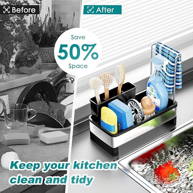 304 Stainless Steel Sink Caddy with Auto-Drain, Kitchen Sink Organizer Sponge Holder with Towel Rack & Removable Brush Holders, Countertop Storage for Soap Dispenser, Dishcloth, Kitchen Accessories