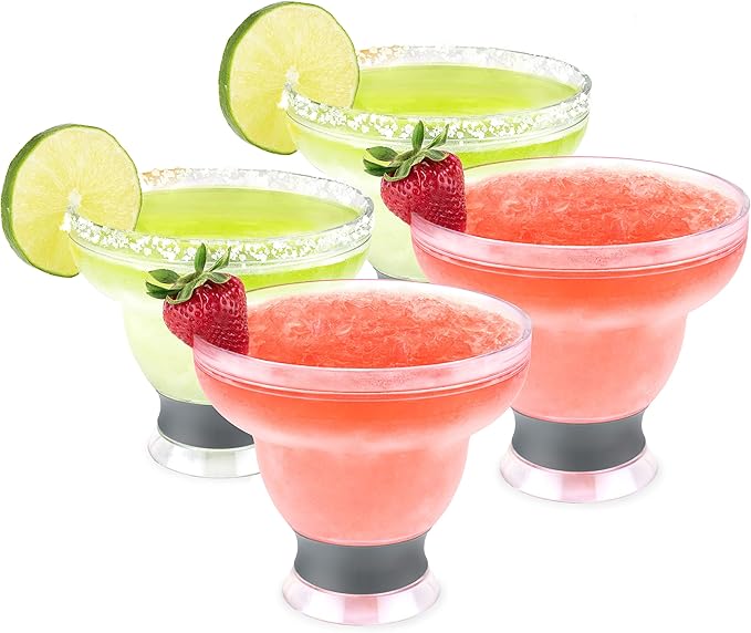 Host Freeze Plastic Margarita Glasses, Gifts for Moms, Home Bar Gifts for Women, Insulated Cocktail Glasses for Slush Drinks and Frozen Cocktails, Margarita Cups, 12 oz, Set of 4, Gray