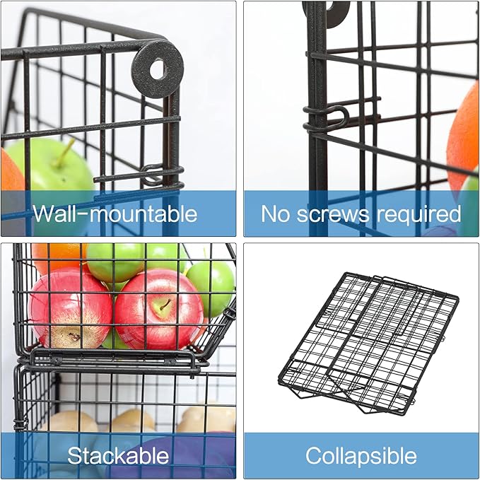 X-cosrack Stackable Wire Baskets for Counter, Fruit and Vegetable Storage, Potato and Onion Storage Bin，Kitchen Pantry Organizer - Wall Basket for Produce/Snack/Can, 3-tier Large, Black
