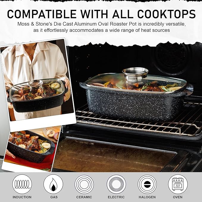 Moss & Stone Die Cast Aluminum Oval Roaster Pot 12-Inch, Induction Compatible, Hard Anodized Nonstick Pasta Pot with Glass Lid, Roaster Oven Safe 6 Quart Bundle With 12 Inch Aluminum Pan Non-Stick Coo