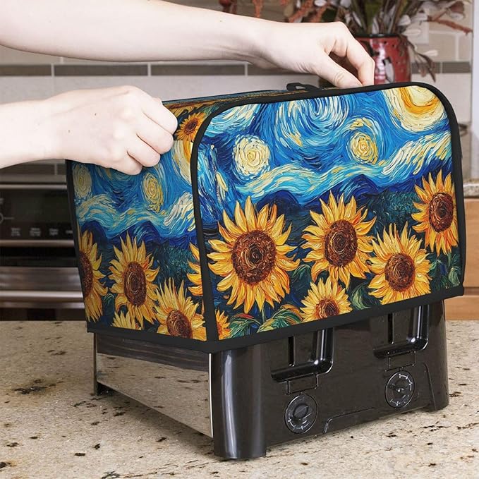 Starry Sky Sunflower Toaster Cover 2 Slice, Cute Country Bread Machine Cover, Washable Toaster Kitchen Small Appliance Cover Stain Resistant,with Top Handle