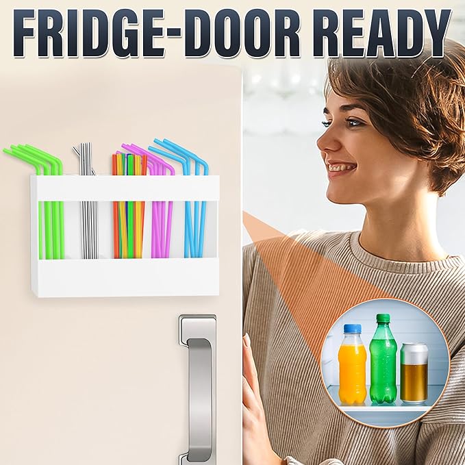 9.5" Cabinet Door Peel and Stick Straw Holder – White Plastic Straw Holder for Cabinet Door, With Strong Adhesive Tape, Space-Saving Easy Mounted Storage for Straws, Utensils, Chopsticks and More