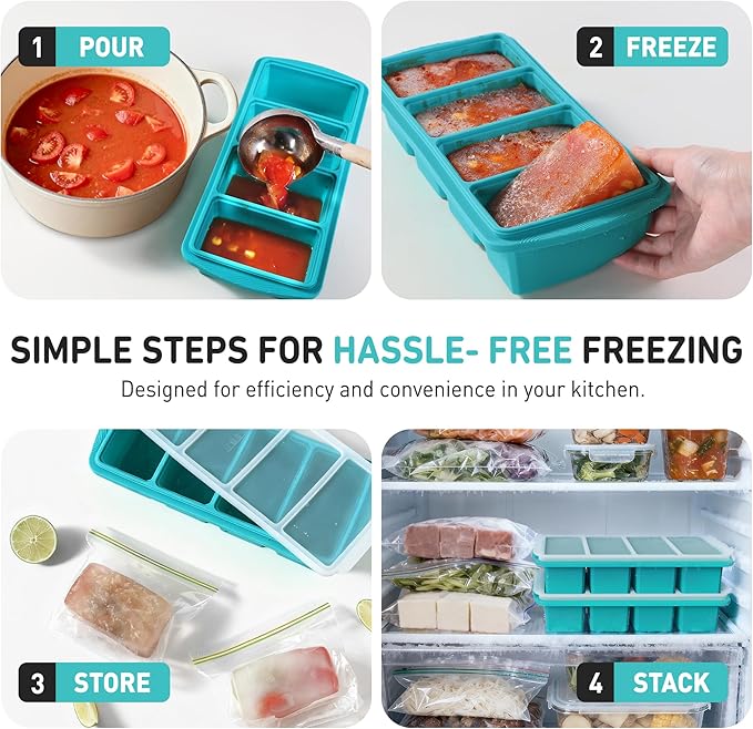 Silicone Freezer Tray With Lid Soup Freezer Container Molds with Steel Reinforced Rim Ice Cube Freezer Molds for Soup, Sauce, Leftovers, Homemade Meal Prep Containers Portion Control Food Storage