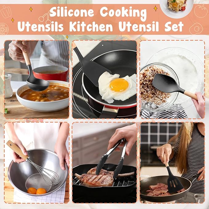 37 Pcs Oven Mitts and Pot Holders with Silicone Kitchen Utensils Set Silicone Cooking Utensils Set with Holder, Kitchen Towels, Heat Resistant Gloves for Christmas Baking Cooking(Dark Gray)