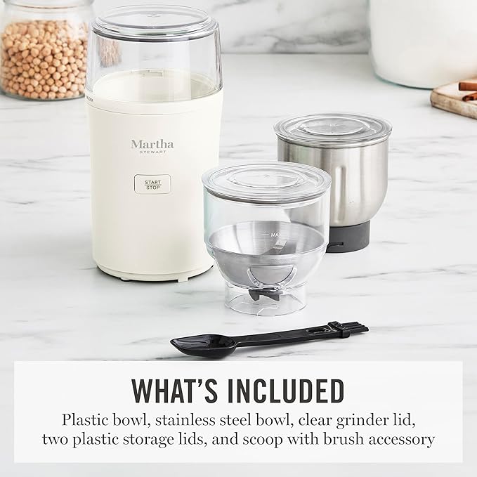 Martha Stewart Electric Coffee & Spice Grinder, Dual 2.5oz Removable Bowls, Storage Lids, Stainless Steel Blades, One Touch Pulse Control, 2-in-1 Compact, Beans & Spices, Herbs & Nuts, Linen White