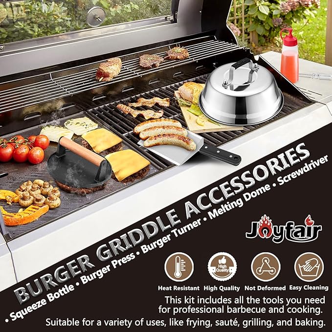 Griddle Accessories Smash Burger Kit (5Pcs), Joyfair Grill Spatula with 9in Melting Dome & Bacon Press Set, Stainless Steel Turner, Basting Cover, Cast Iron Press for Outdoor BBQ (ABS Handle)