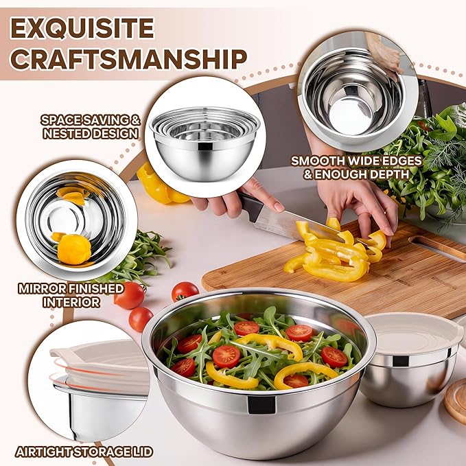 E-far Mixing Bowls With Lids Sets of 5, 10-Piece Stainless Steel Salad Metal Nesting Bowl for Baking Cooking and Prepping, Airtight Lid & Stackable Design, Size 4.6, 3, 2.1, 1.5, 0.7 QT, Khaki