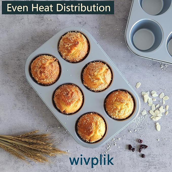 Nonstick jumbo Muffin Pans 6 Cups，2 Pack Extra Large Cupcake Tins for Baking，Premmium Non-stick Coating for Non-Toxic,Heavy Duty Carbon Steel, 3.5 dia,Deep Muffin Tray