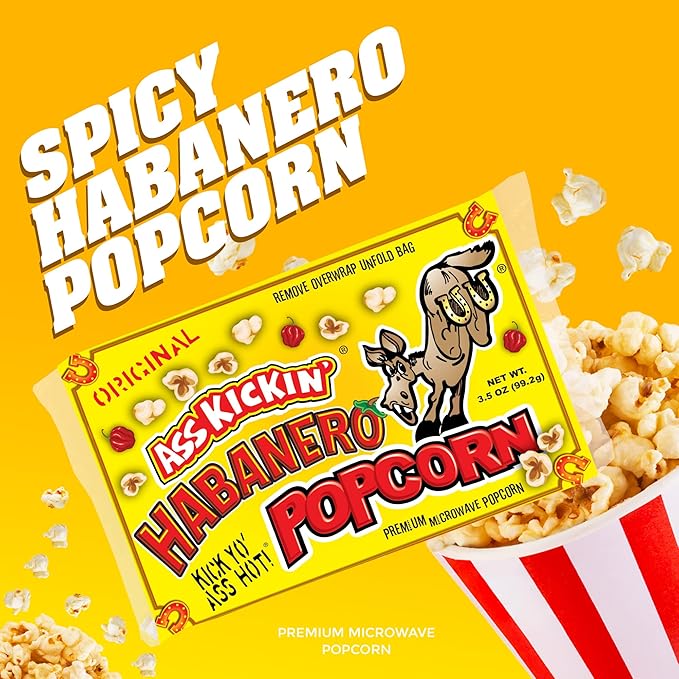 ASS KICKIN' Habanero Microwave Popcorn Bags - 3 Pack - Ultimate Spicy Popcorn Gourmet Gift - Makes a Great Movie Theater Popcorn or Snack Food for Movie Night