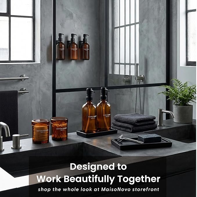 Maisonovo Kitchen Soap Dispenser Set - Hand and Dish Soap Dispenser Set with Amber Glass Soap Dispenser, Black Pumps & Ceramic Tray