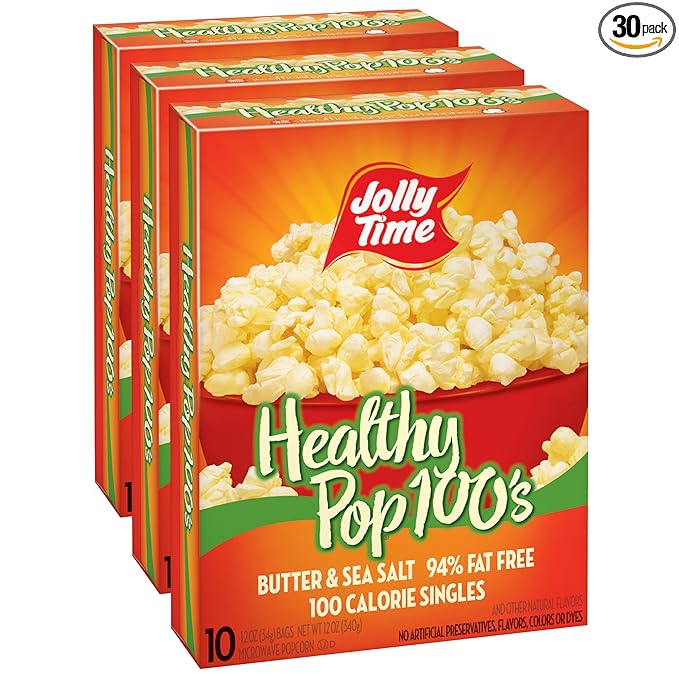Jolly Time Healthy Pop Microwave Popcorn, 1.2oz Personal Bag, 10 Bags Per Carton (Healthy Pop 100's - Butter & Sea Salt,1.2 Ounce (Pack of 30))