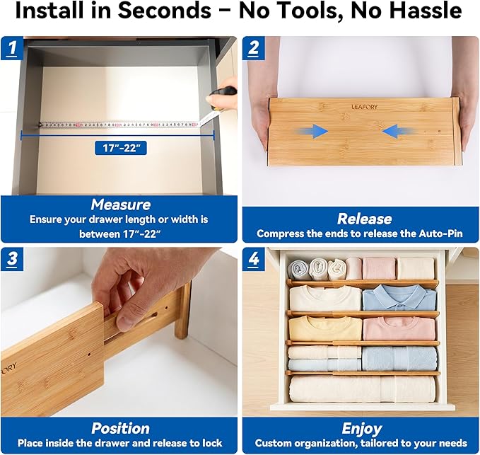 4 Pack Deep Drawer Dividers, 8" High Bamboo Expandable Drawer Organizers, 17-22" Adjustable Tension Separators, Large Drawer Dividers for Kitchen, Bedroom Dresser, Baby Nursery & Bathroom
