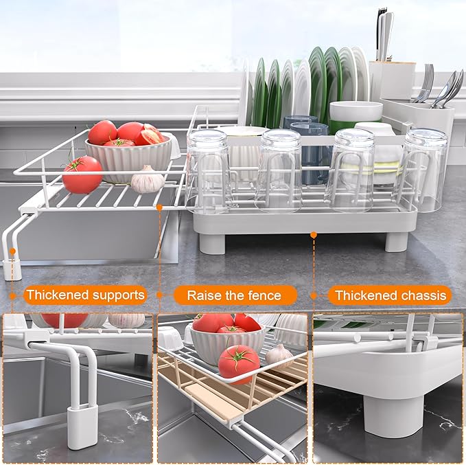 Runnatal Dish Drying Rack, Extendable Dish Rack Over Sink, Large Stainless Steel Dish Strainer with Drainboard, Utensil Holder & Cup Holder for Kitchen Counter, White