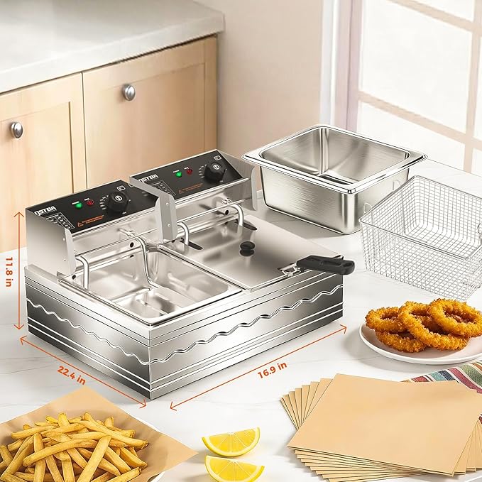 OSTBA Electric Deep Fryer with Basket, 20.7QT Large Commercial Deep Fryer, 3200W Stainless Steel Countertop Fryer with Adjustable Temperature 140–390℉, Removable Basket & Oil Tank