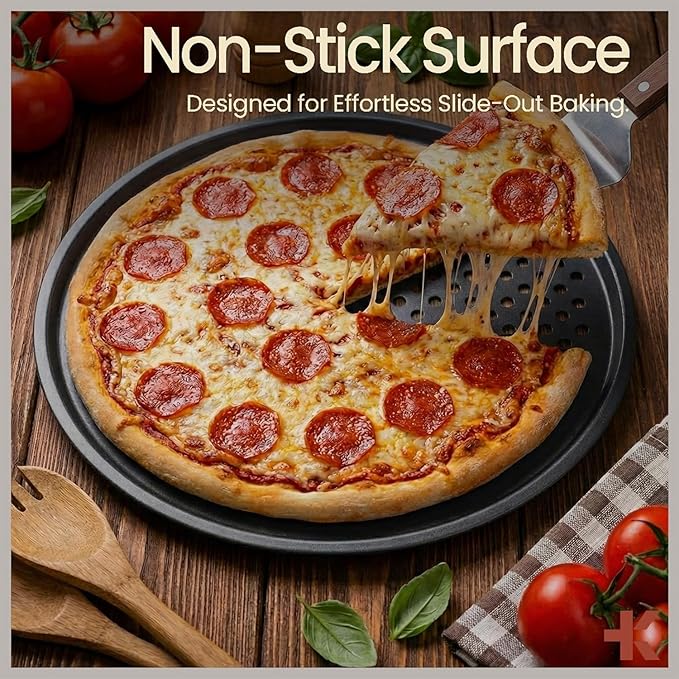 Bakken Pizza Baking Pan - Round Perforated Carbon Steel Pan with Non-Stick Marble Coating, Oversized Silicone Handle, Dishwasher Safe, High-Temperature Resistant, Durable & Easy Cleanup Gray, 2 Pack