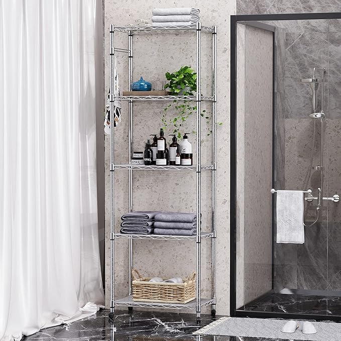 Himimi 5-Tier Storage Shelf Wire Shelving Unit on Wheels Heavy Duty Metal Shelves Adjustable Steel Rack Organization for Kitchen Garage Basement, Silver