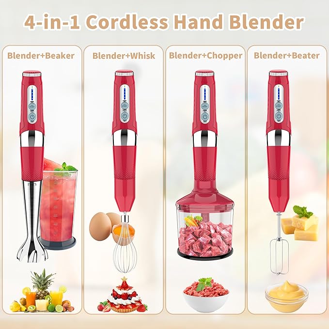 Toogel Cordless Immersion Blender, 4-in-1 Electric Hand Blender with 21-Speed & 3-Angle Adjust, USB Rechargeable, BPA-Free & Dishwasher Safe for Baby Food, Smoothies, Soup (Red)