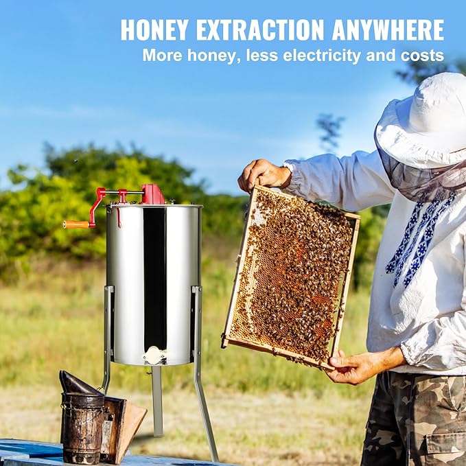 VEVOR Honey Extractor, 2/4 Frame Stainless Steel Manual Beekeeping Extraction, Honeycomb Drum Spinner with Transparent Lid, Apiary Centrifuge Equipment with Height Adjustable Stand, Silver