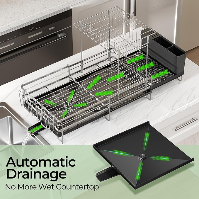 Large 2 Tier Dish Drying Rack, Extendable Dish Rack, Stainless Steel Anti-Rust Dish Rack for Kitchen Counter, Multifunctional Dish Drainer with Utensil & Cup Holder, 13.4"-28.7" L x 11.8" W