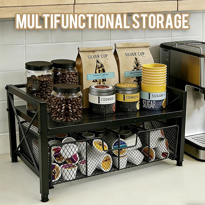 Tea Bag Organizer With Adjustable Drawer, Teabag Bar Holder Organizer For Counter, Wood ＆ Metal Station Storage Chest Display, Coffee Packet Containers Box For Countertop Kitchen Office Black