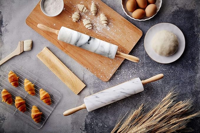 JEmarble Rolling Pin-Wooden Handles(White)(Premium Quality) Polished Surface 18-inch(10"Barrel) Genuine Stone Non-stick Save Effort Easy to Clean