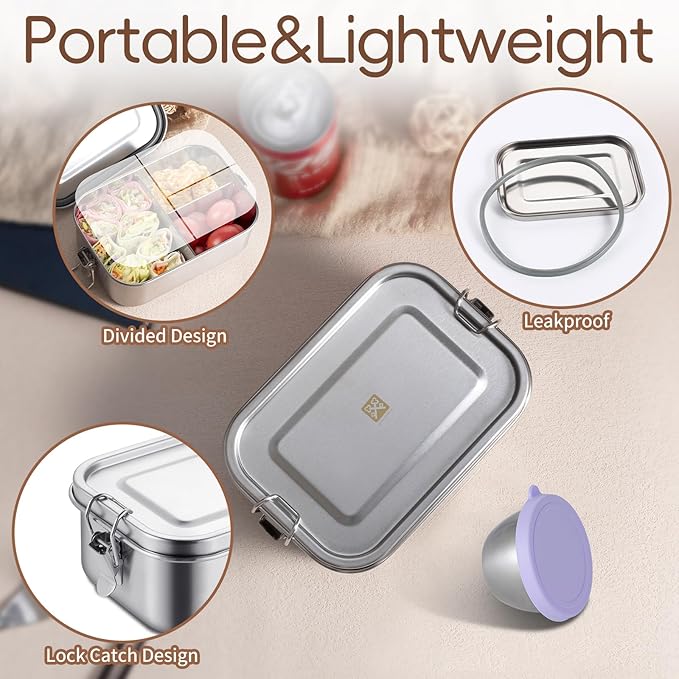 GOLDEN KEY Leakproof Bento Box - 27oz Stainless Steel Lunch Container for Kids,3-Compartment School Lunch Box, Dishwasher Safe, BPA-Free with Condiment Cup